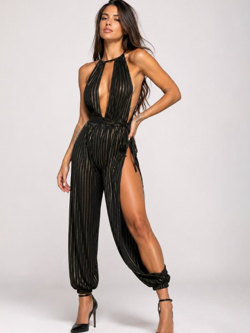 Day & Night Black Gold Metallic Stripe Open Leg Plunge Cut Out Halter Jumpsuit